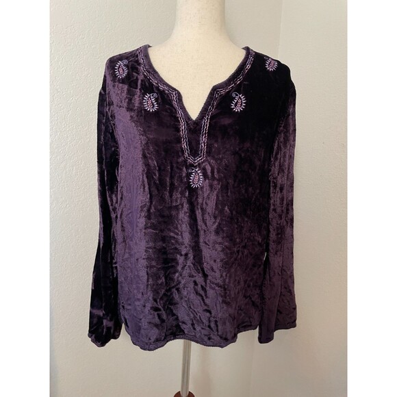 GNW Women’s Velvet Top Size M Purple Embroidered Boho Peasant Blouse Nepal Made - Picture 1 of 8